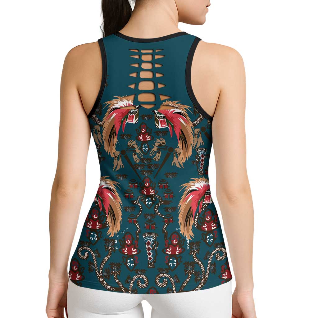 Dark Cyan Blue Bird of Batik Papua Hollow Tank Top Exotic Natural Wealth of Papua - Polynesian Pride