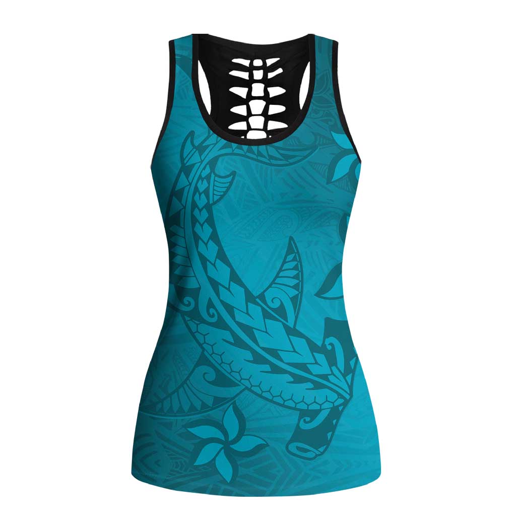 Dark Cyan Gradient Polynesia Hollow Tank Top Hawaiian Tribal Hammerhead Shark Tattoo LT14 Female Dark Cyan - Polynesian Pride