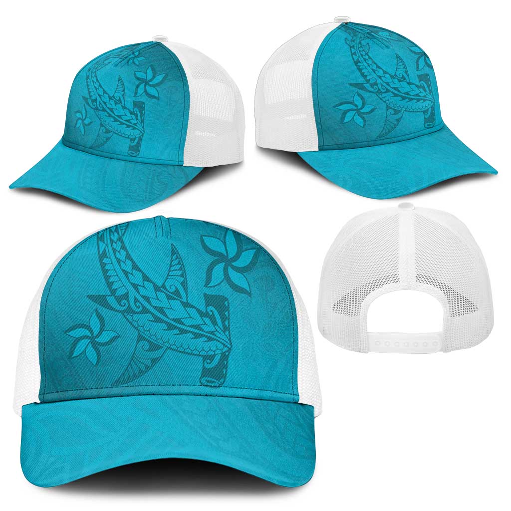 Dark Cyan Gradient Polynesia Mesh Trucker Cap Hawaiian Tribal Hammerhead Shark Tattoo - Polynesian Pride