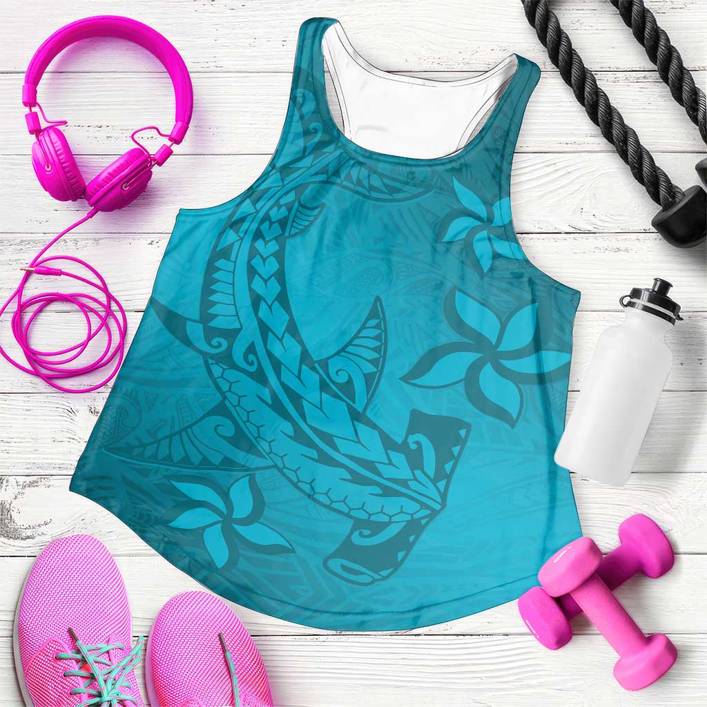 Dark Cyan Gradient Polynesia Women Racerback Tank Hawaiian Tribal Hammerhead Shark Tattoo - Polynesian Pride