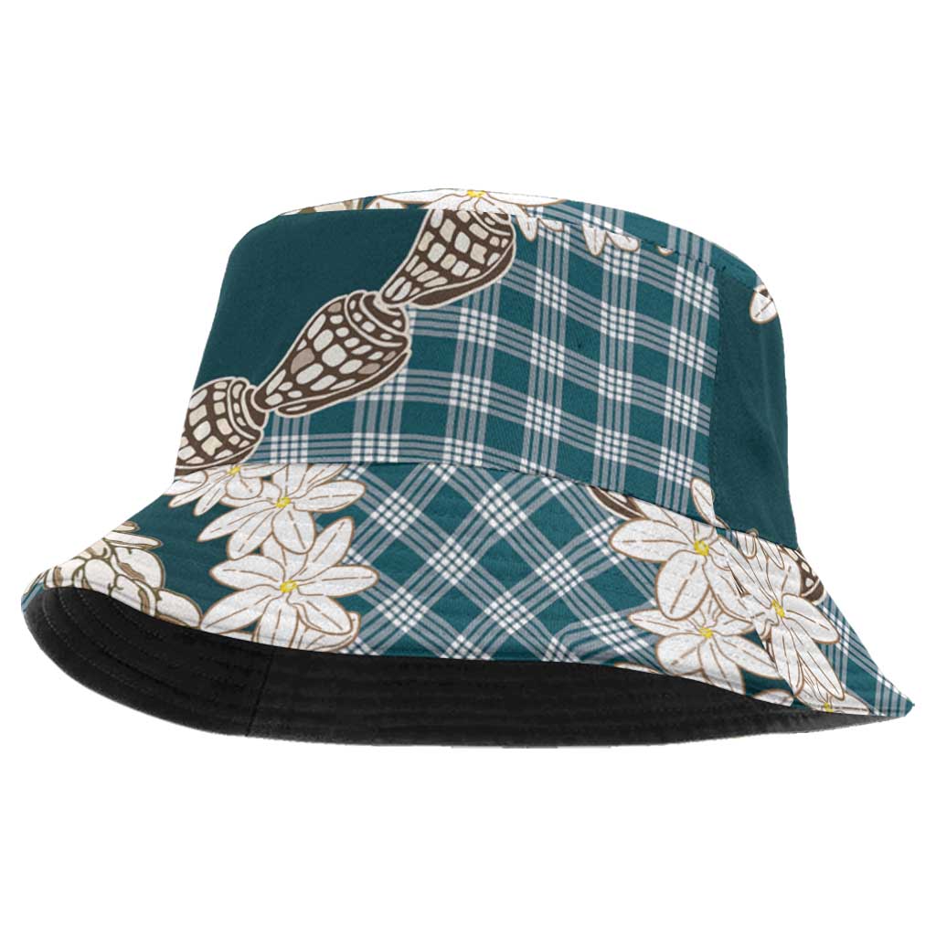 Dark Cyan Hawaii Tiare and Shell Lei Bucket Hat Hawaiian Palaka Luxury Vibes - Polynesian Pride