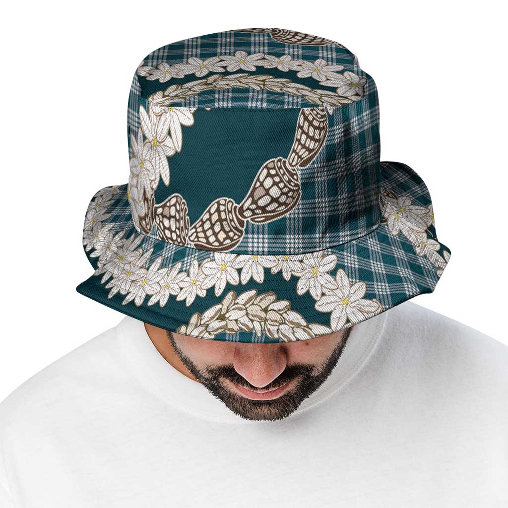 Dark Cyan Hawaii Tiare and Shell Lei Bucket Hat Hawaiian Palaka Luxury Vibes - Polynesian Pride
