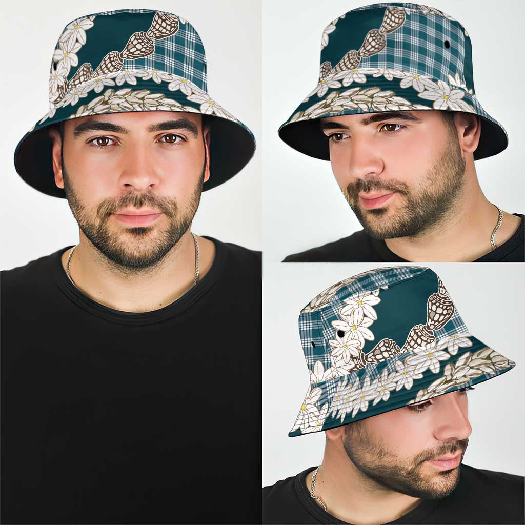Dark Cyan Hawaii Tiare and Shell Lei Bucket Hat Hawaiian Palaka Luxury Vibes - Polynesian Pride