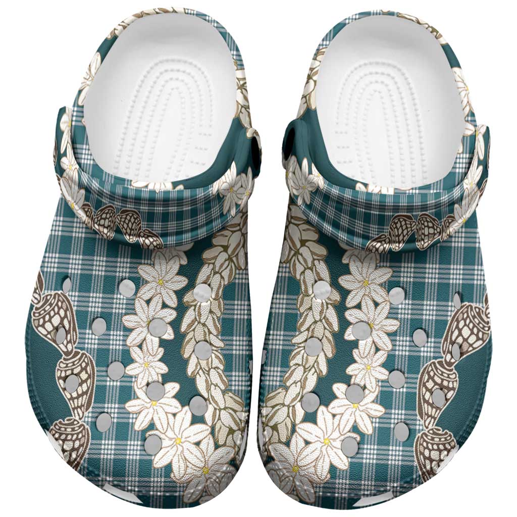 Dark Cyan Hawaii Tiare and Shell Lei Clogs Shoes Hawaiian Palaka Luxury Vibes - Polynesian Pride
