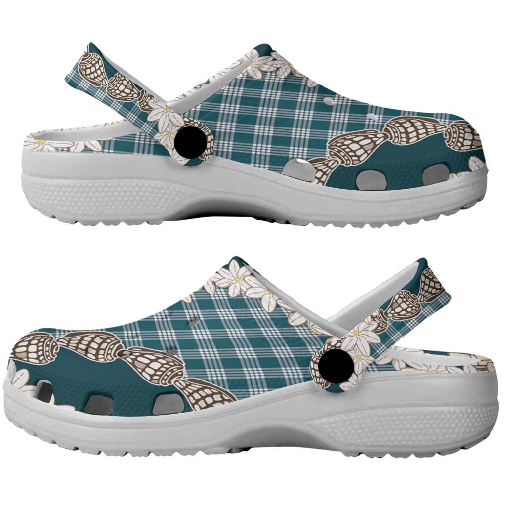 Dark Cyan Hawaii Tiare and Shell Lei Clogs Shoes Hawaiian Palaka Luxury Vibes - Polynesian Pride