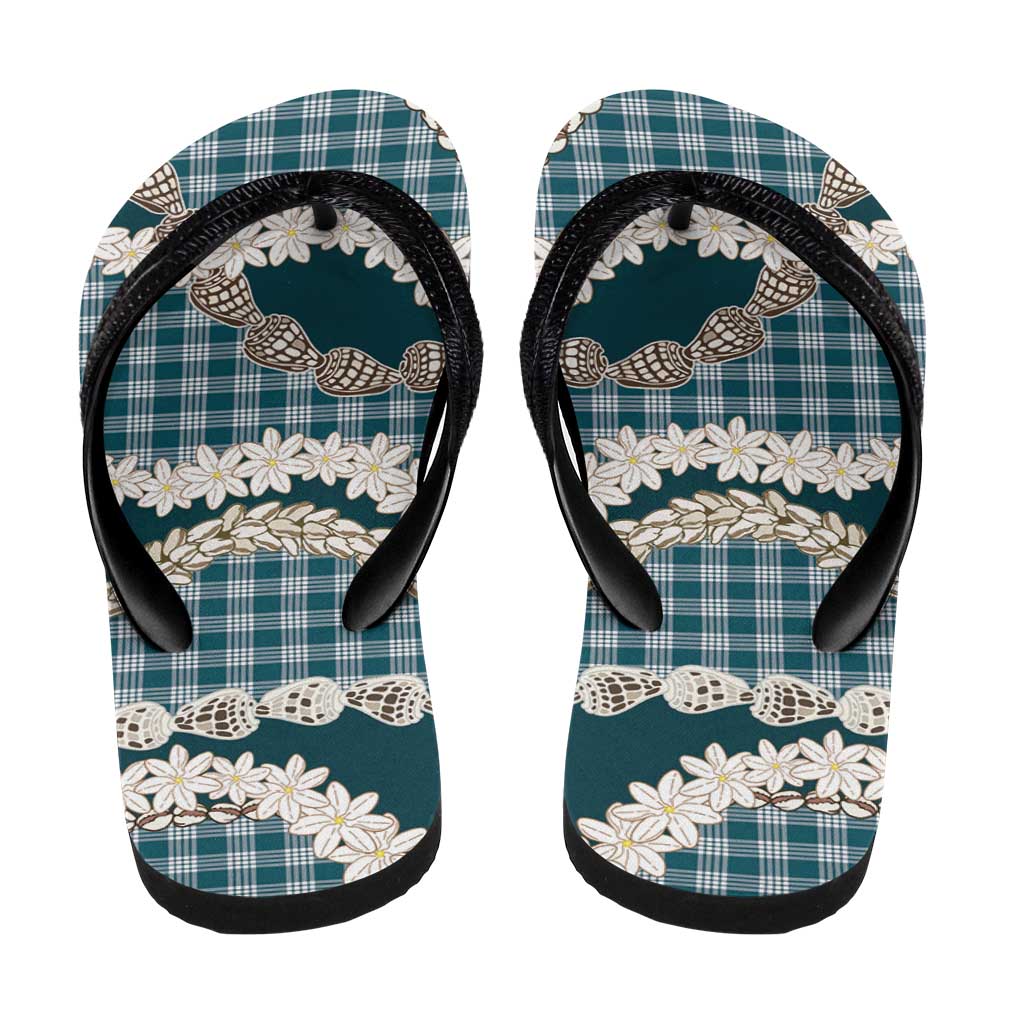 Dark Cyan Hawaii Tiare and Shell Lei Flip Flops Hawaiian Palaka Luxury Vibes - Polynesian Pride