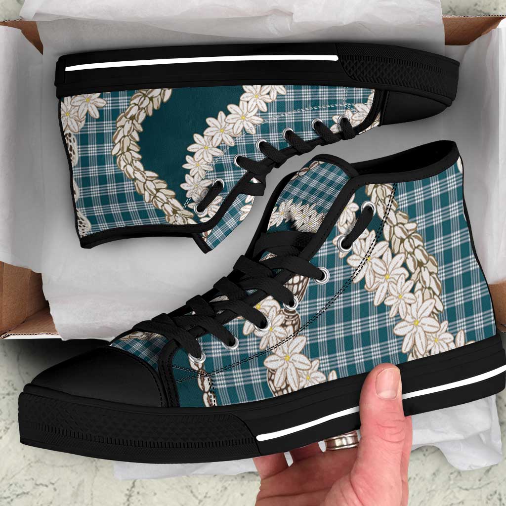 Dark Cyan Hawaii Tiare and Shell Lei High Top Shoes Hawaiian Palaka Luxury Vibes - Polynesian Pride