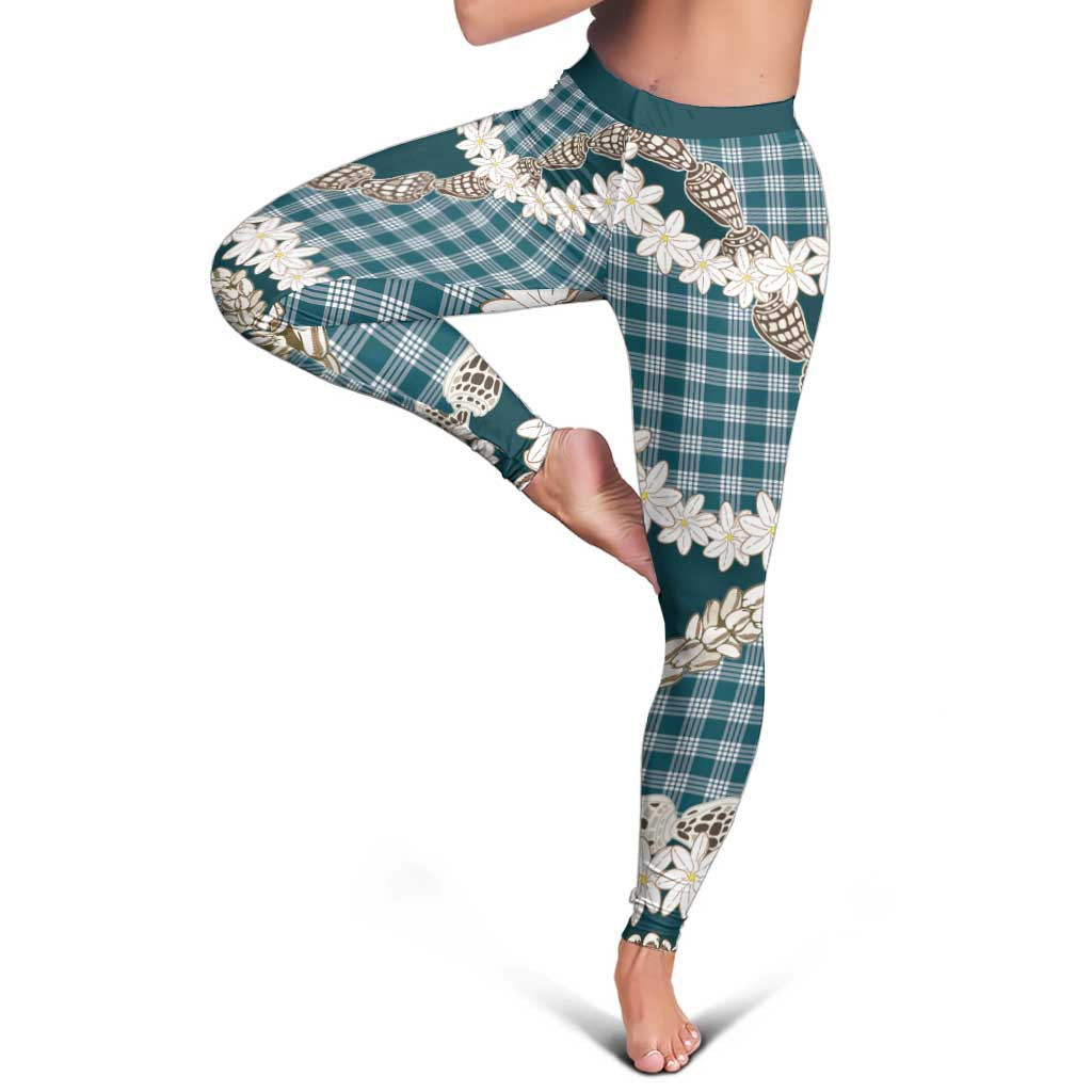 Dark Cyan Hawaii Tiare and Shell Lei Leggings Hawaiian Palaka Luxury Vibes - Polynesian Pride