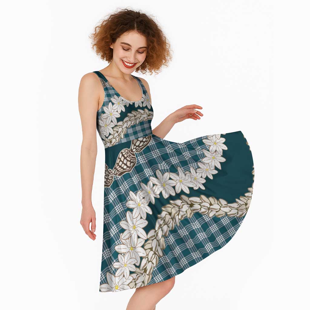 Dark Cyan Hawaii Tiare and Shell Lei Midi Dress Hawaiian Palaka Luxury Vibes - Polynesian Pride