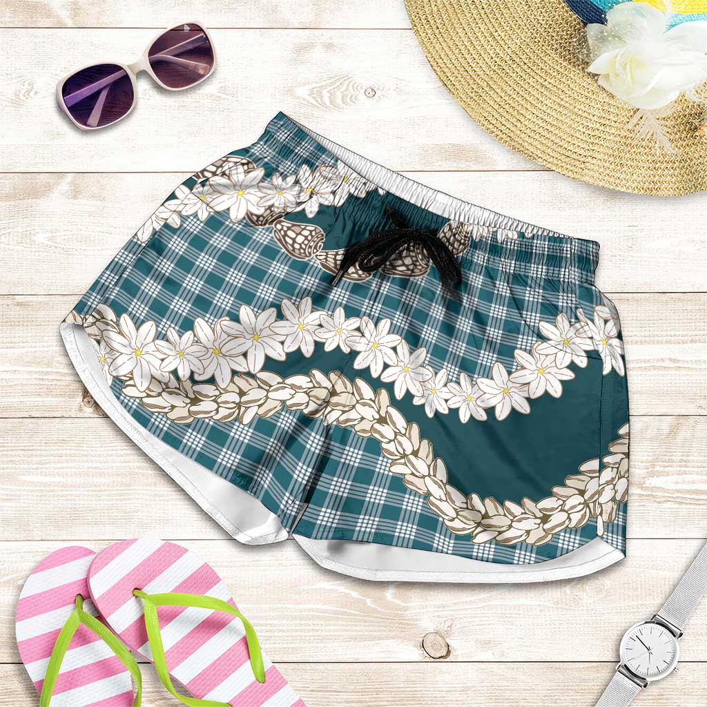 Dark Cyan Hawaii Tiare and Shell Lei Shorts for Women Hawaiian Palaka Luxury Vibes LT14 Dark Cyan - Polynesian Pride