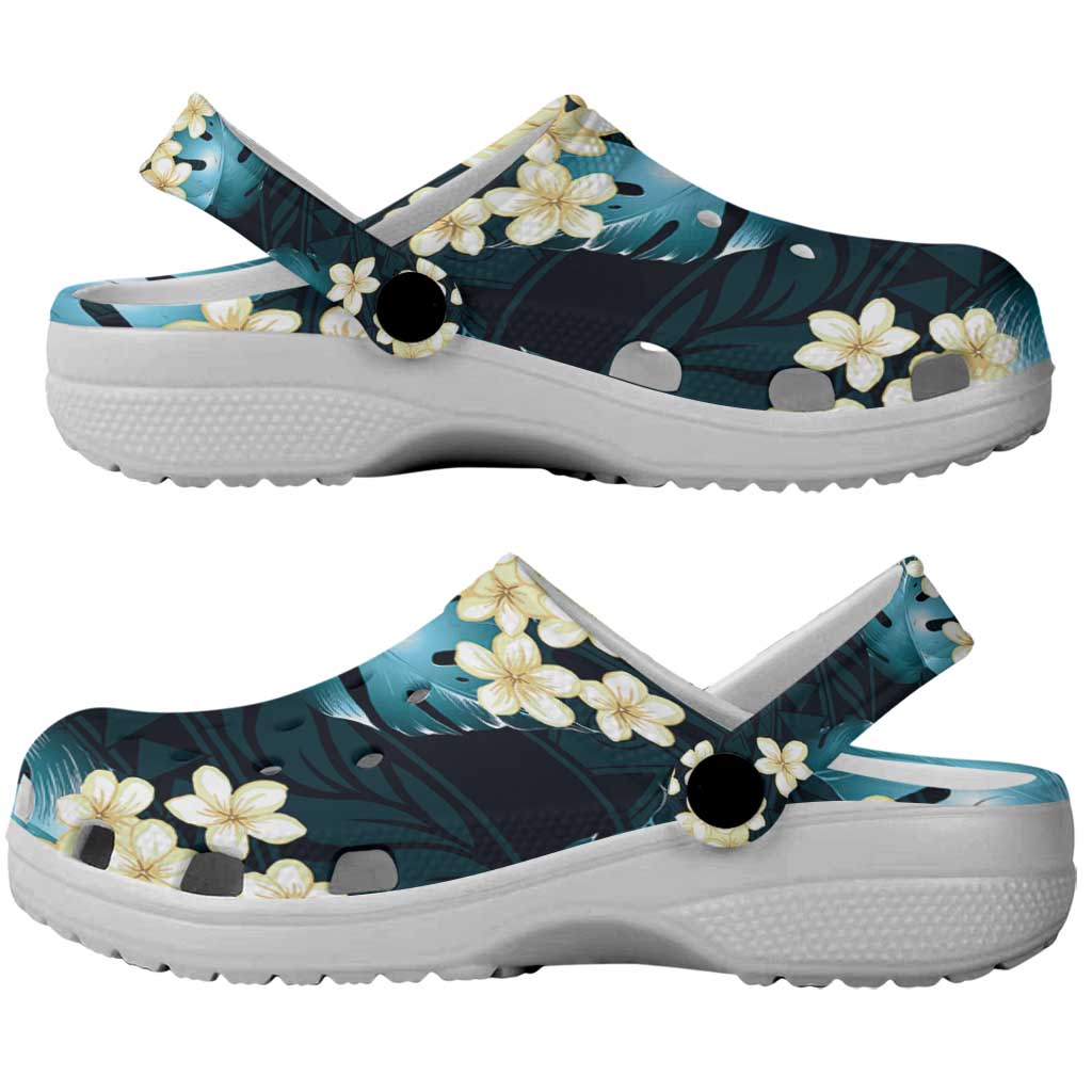 Dark Cyan Tropical Hawaii Clogs Shoes Seamless Monstera Plumeria Hawaiian Pattern - Polynesian Pride