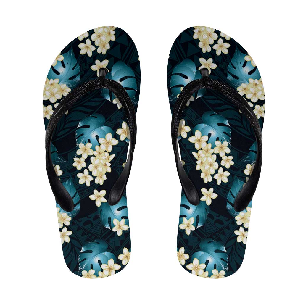 Dark Cyan Tropical Hawaii Flip Flops Seamless Monstera Plumeria Hawaiian Pattern - Polynesian Pride