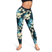 Dark Cyan Tropical Hawaii Leggings Seamless Monstera Plumeria Hawaiian Pattern - Polynesian Pride