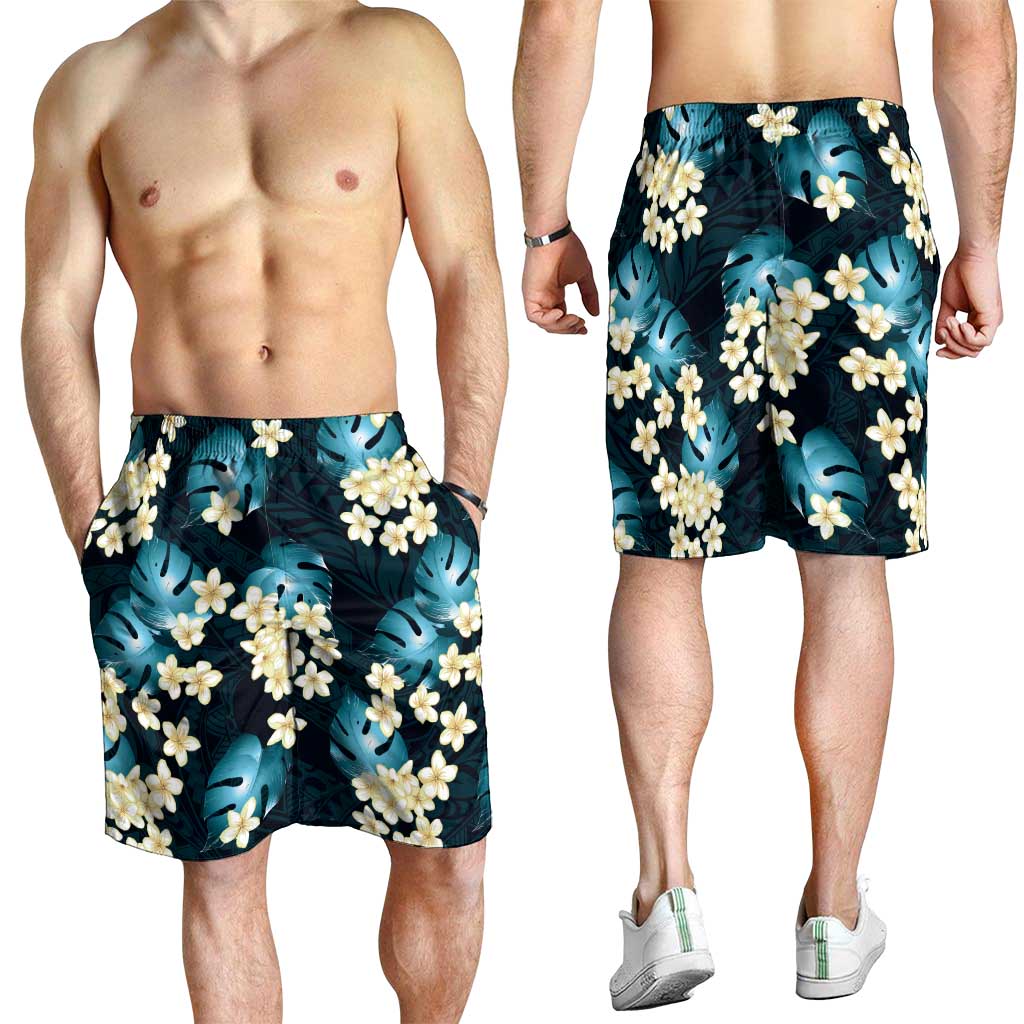 Dark Cyan Tropical Hawaii Shorts for Men Seamless Monstera Plumeria Hawaiian Pattern - Polynesian Pride