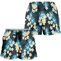Dark Cyan Tropical Hawaii Shorts for Women Seamless Monstera Plumeria Hawaiian Pattern - Polynesian Pride
