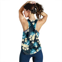 Dark Cyan Tropical Hawaii Women Racerback Tank Seamless Monstera Plumeria Hawaiian Pattern - Polynesian Pride