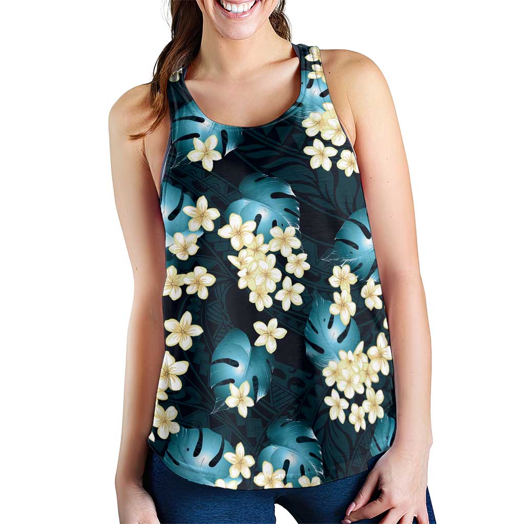 Dark Cyan Tropical Hawaii Women Racerback Tank Seamless Monstera Plumeria Hawaiian Pattern - Polynesian Pride
