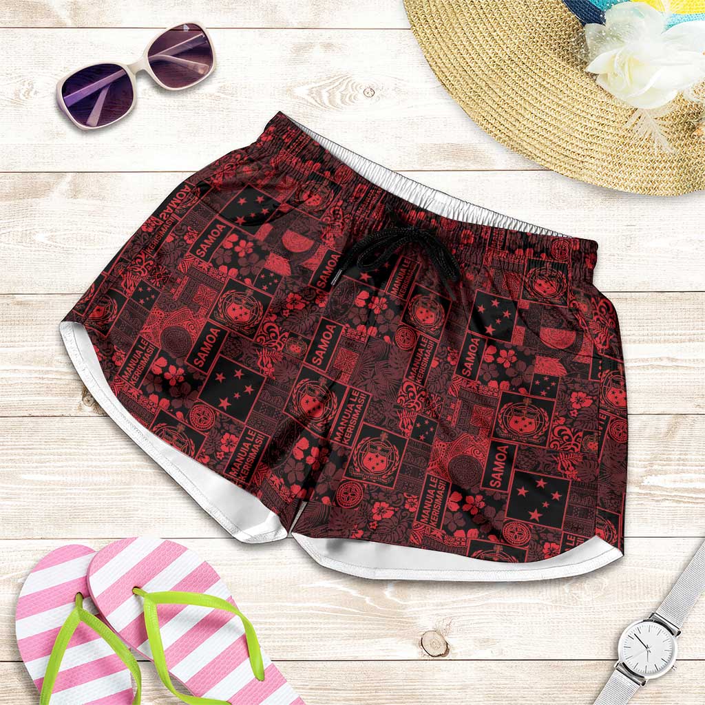 Dark Samoa Manuia Le Kerisimasi Shorts for Women Pacific Patchwork Xmas Vibes LT9 Red - Polynesian Pride