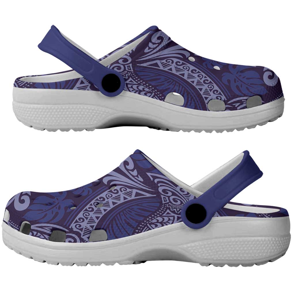 Deep Blue Monstera Clogs Shoes Polynesian Tribal Pattern - Polynesian Pride