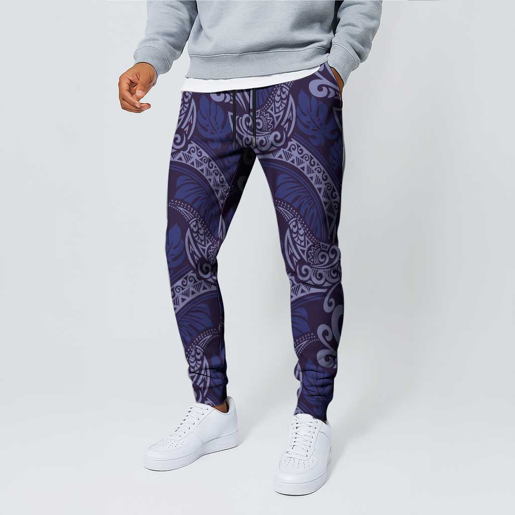 Deep Blue Monstera Jogger Pants Polynesian Tribal Pattern - Polynesian Pride