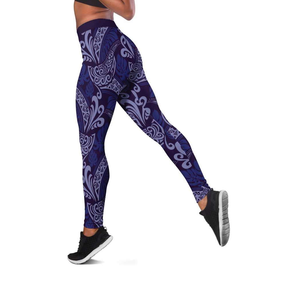 Deep Blue Monstera Leggings Polynesian Tribal Pattern - Polynesian Pride