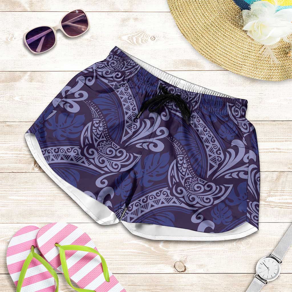 Deep Blue Monstera Shorts for Women Polynesian Tribal Pattern LT01 Blue - Polynesian Pride