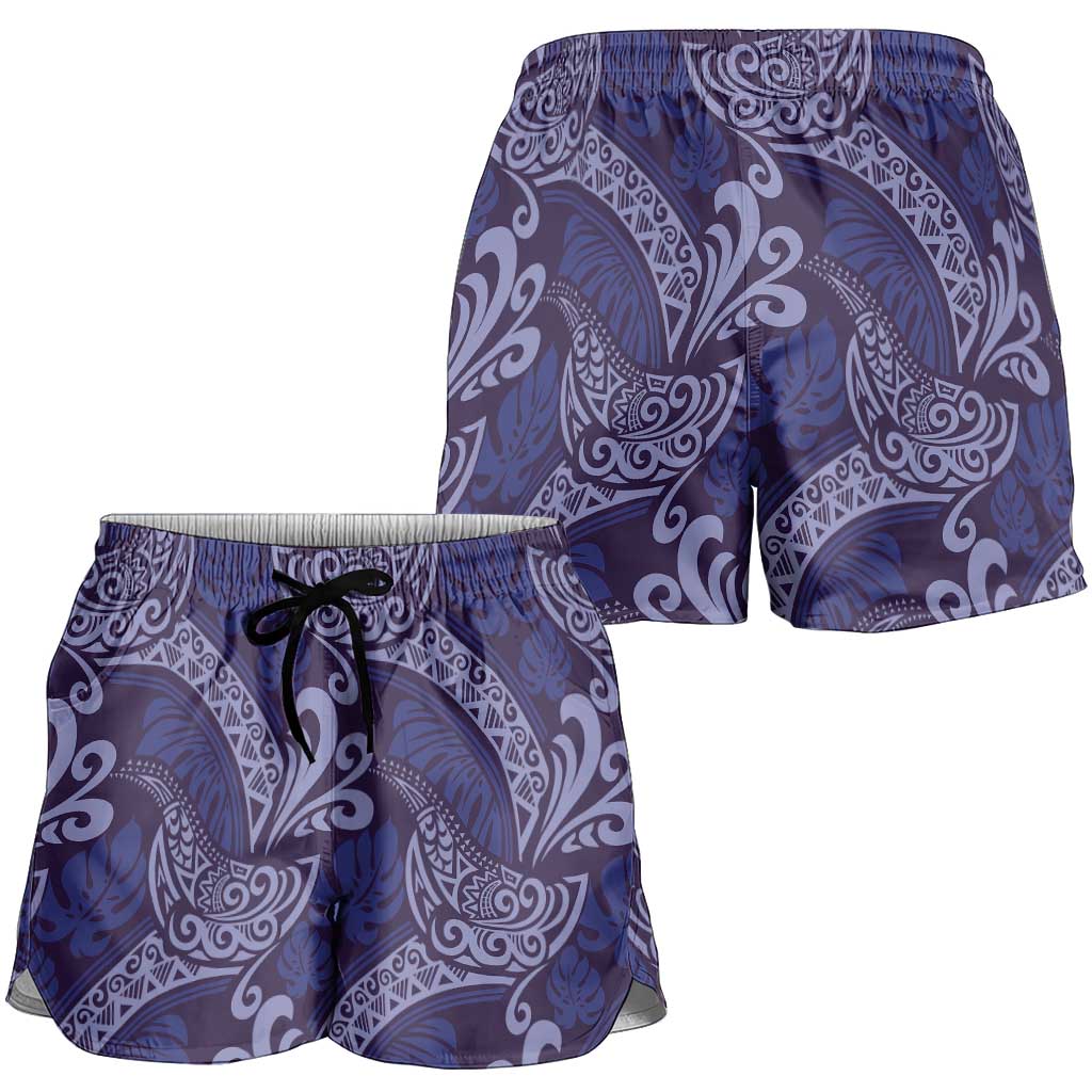 Deep Blue Monstera Shorts for Women Polynesian Tribal Pattern LT01 - Polynesian Pride