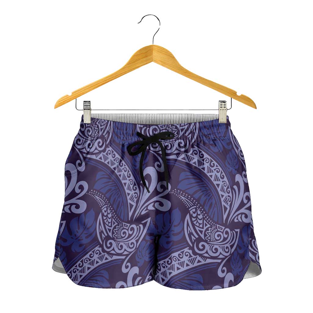Deep Blue Monstera Shorts for Women Polynesian Tribal Pattern LT01 - Polynesian Pride