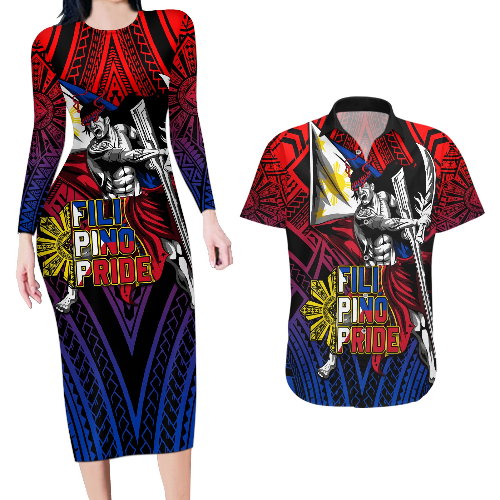 Filipinos Lapu-lapu Hero Couples Matching Long Sleeve Bodycon Dress and Hawaiian Shirt Philippines Flag and Sun DT02 Art - Polynesian Pride