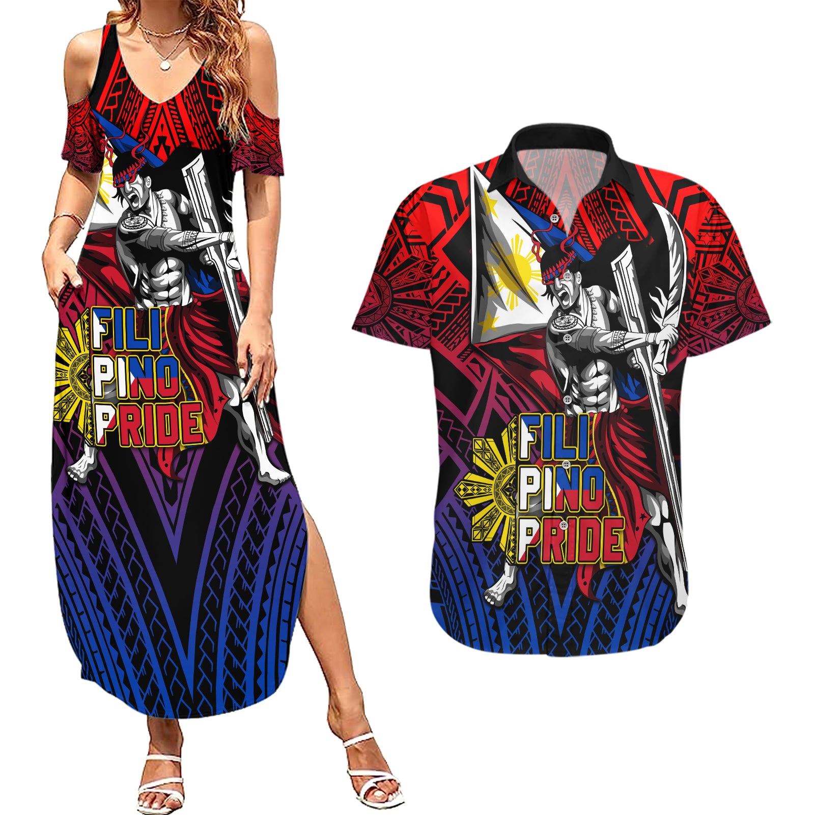 Filipinos Lapu-lapu Hero Couples Matching Summer Maxi Dress and Hawaiian Shirt Philippines Flag and Sun DT02 Art - Polynesian Pride