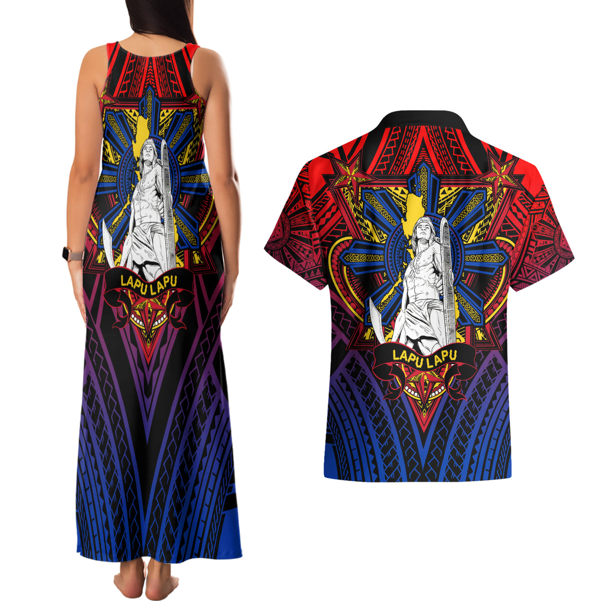Filipinos Lapu-lapu Hero Couples Matching Tank Maxi Dress and Hawaiian Shirt Philippines Flag and Sun DT02 - Polynesian Pride