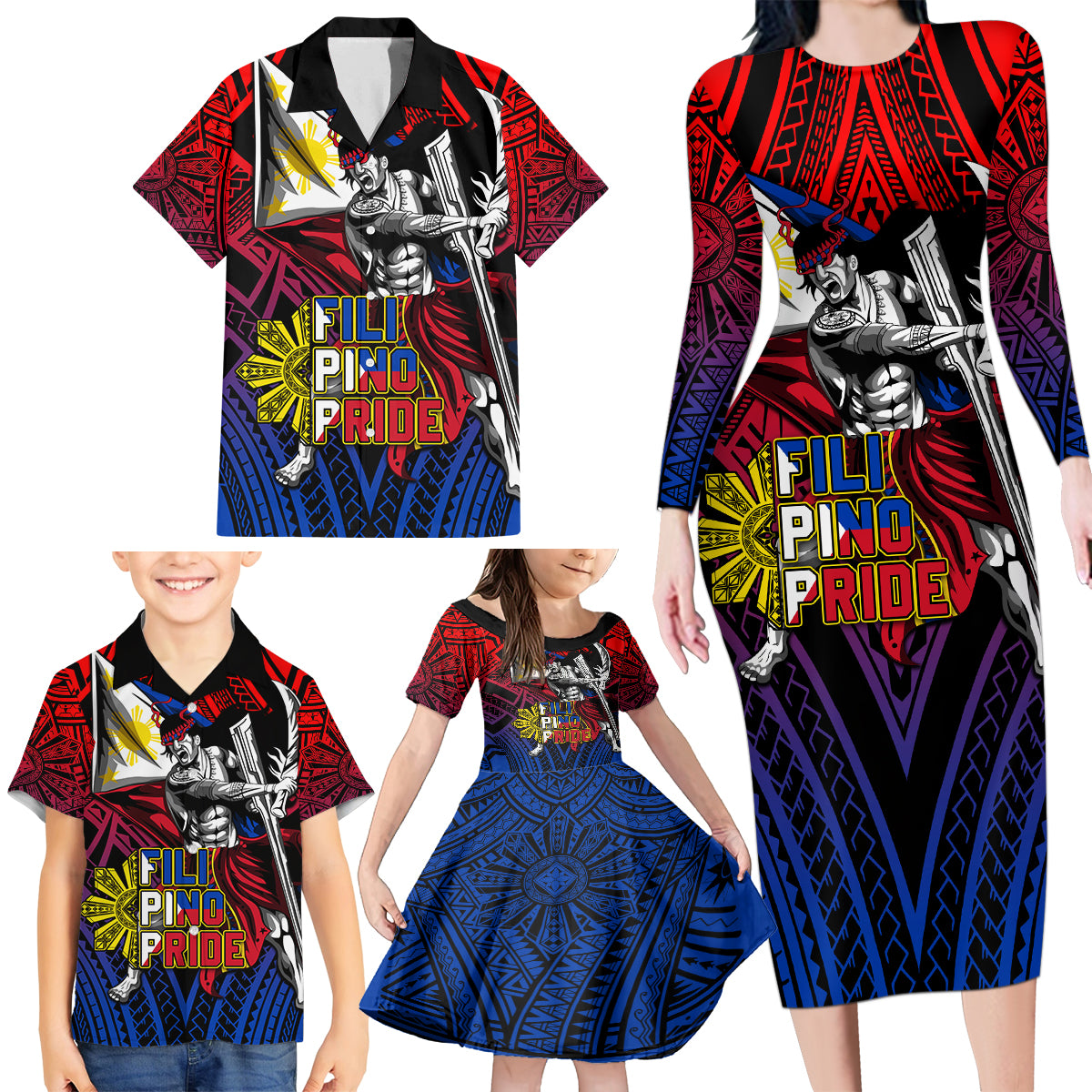 Filipinos Lapu-lapu Hero Family Matching Long Sleeve Bodycon Dress and Hawaiian Shirt Philippines Flag and Sun DT02 - Polynesian Pride