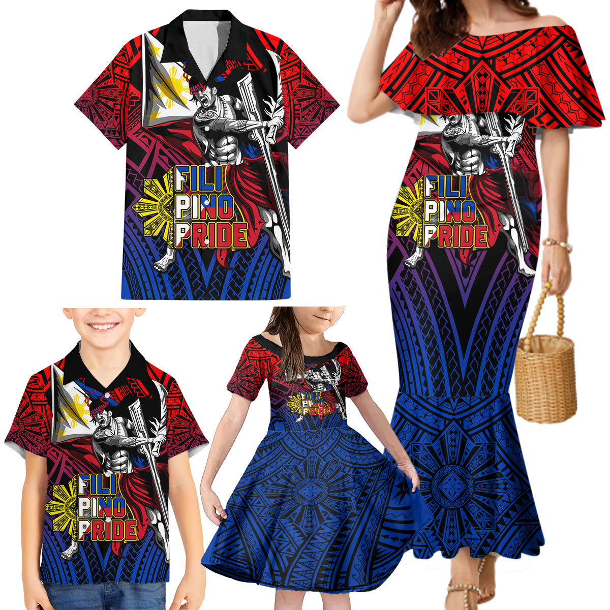 Filipinos Lapu-lapu Hero Family Matching Mermaid Dress and Hawaiian Shirt Philippines Flag and Sun DT02 - Polynesian Pride