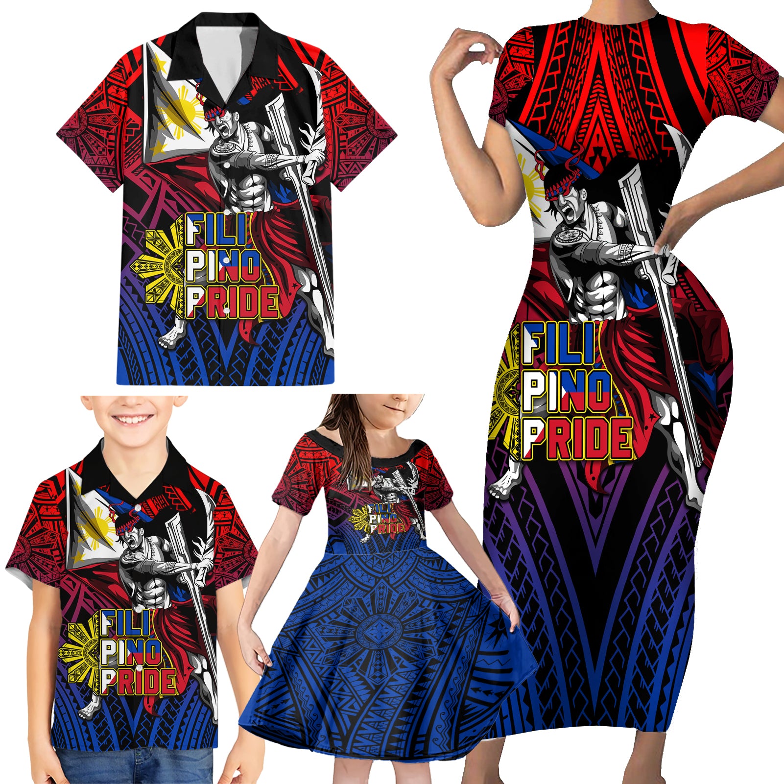 Filipinos Lapu-lapu Hero Family Matching Short Sleeve Bodycon Dress and Hawaiian Shirt Philippines Flag and Sun DT02 - Polynesian Pride