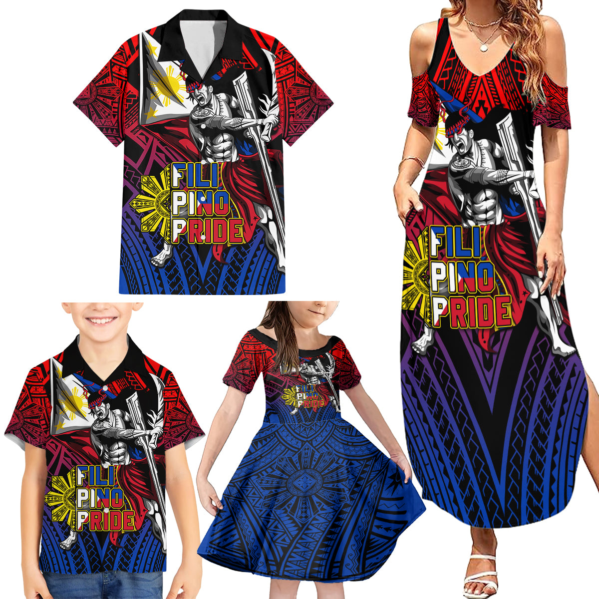 Filipinos Lapu-lapu Hero Family Matching Summer Maxi Dress and Hawaiian Shirt Philippines Flag and Sun DT02 - Polynesian Pride