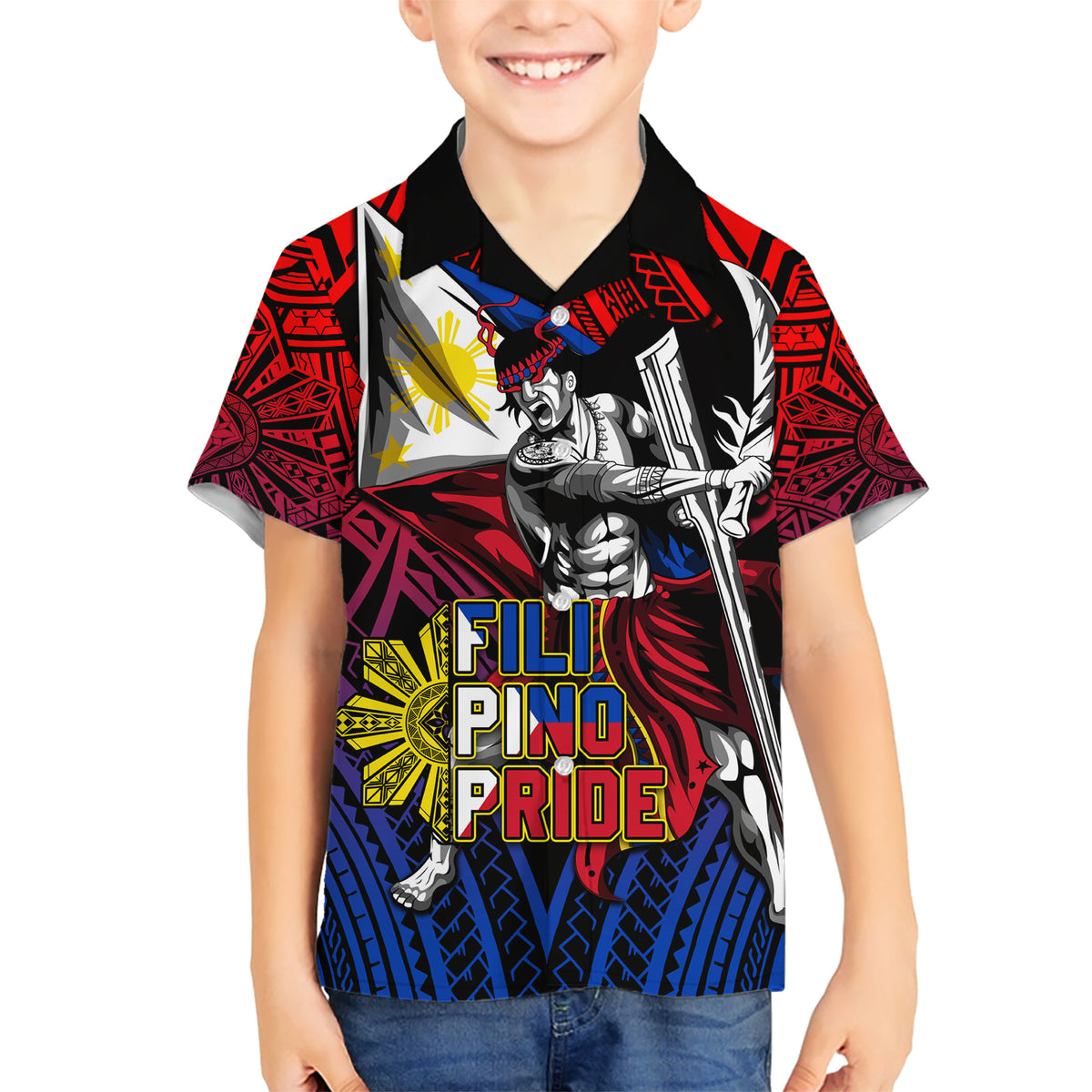 Filipinos Lapu-lapu Hero Kid Hawaiian Shirt Philippines Flag and Sun DT02 Kid Art - Polynesian Pride