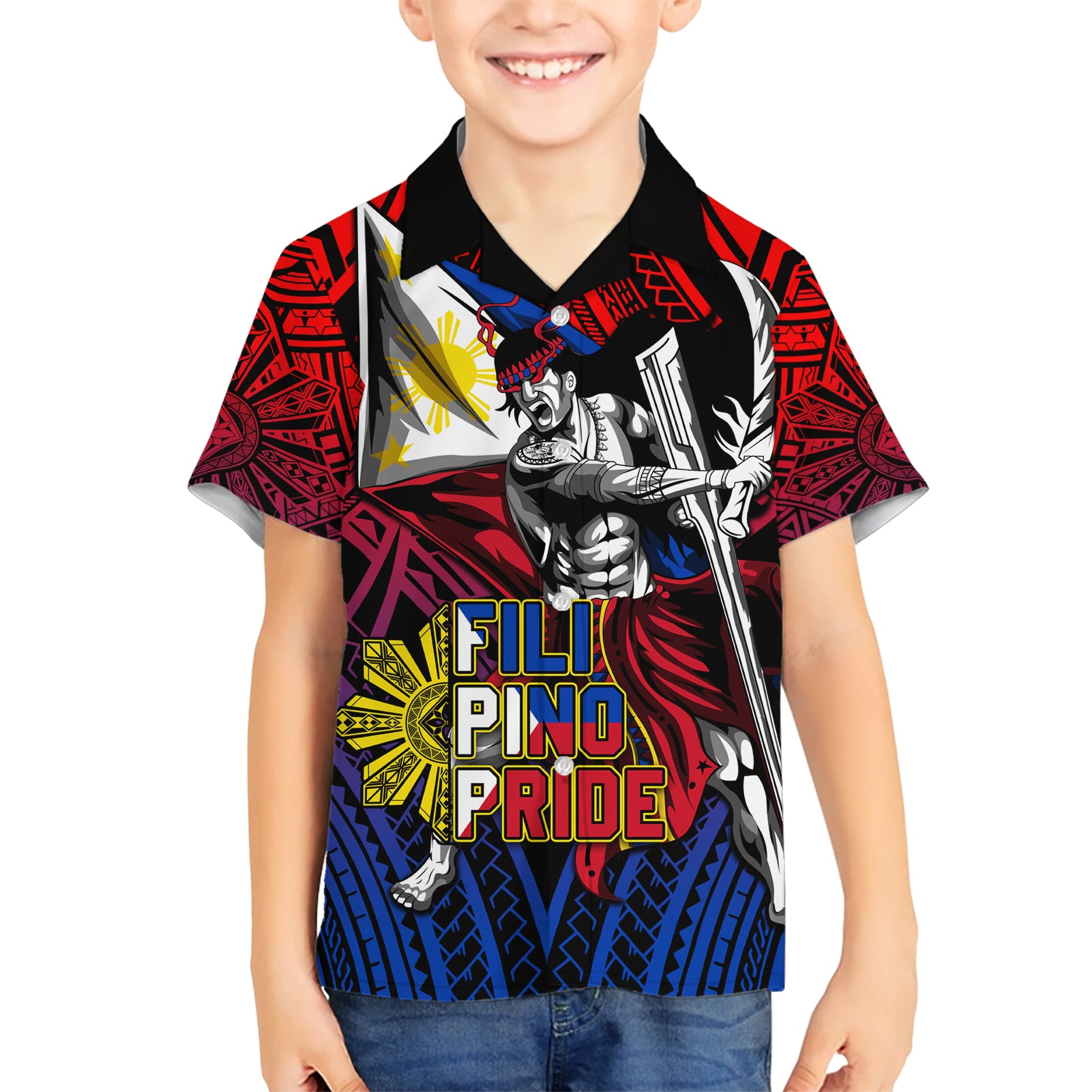 Filipinos Lapu-lapu Hero Kid Hawaiian Shirt Philippines Flag and Sun DT02 Kid Art - Polynesian Pride