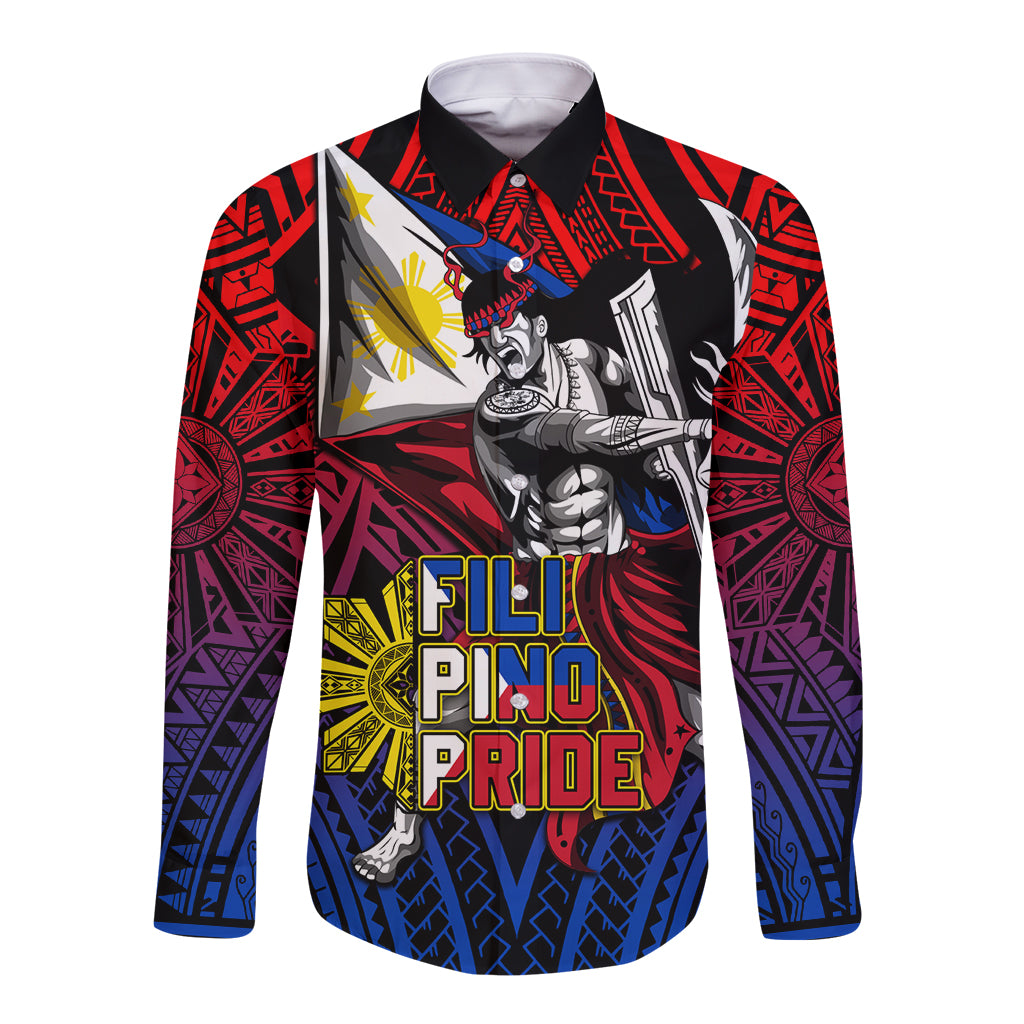 Filipinos Lapu-lapu Hero Long Sleeve Button Shirt Philippines Flag and Sun DT02 Unisex Art - Polynesian Pride