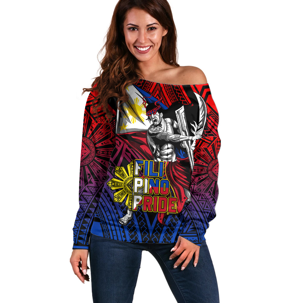 Filipinos Lapu-lapu Hero Off Shoulder Sweater Philippines Flag and Sun DT02 Women Art - Polynesian Pride