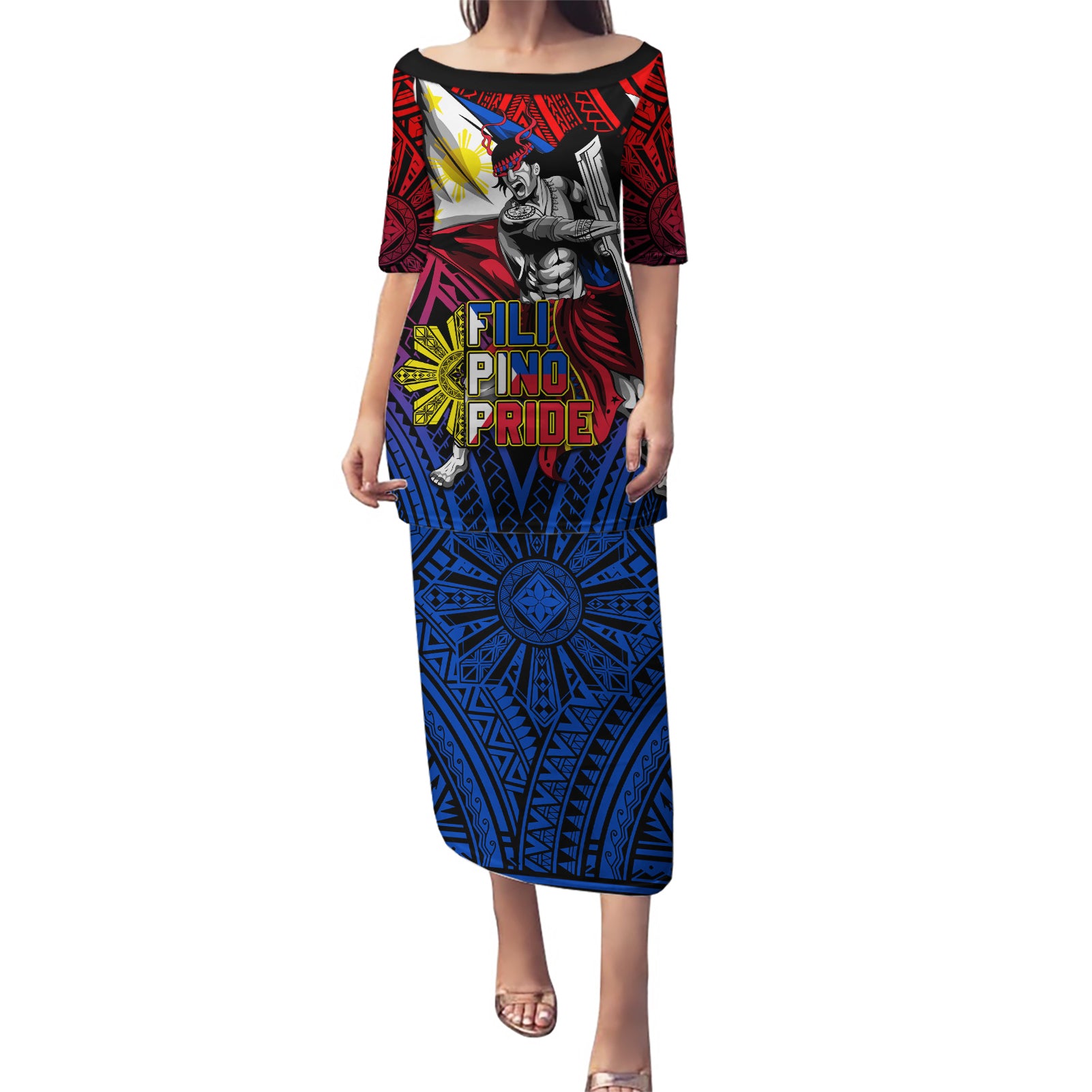 Filipinos Lapu-lapu Hero Puletasi Philippines Flag and Sun DT02 Long Dress Art - Polynesian Pride