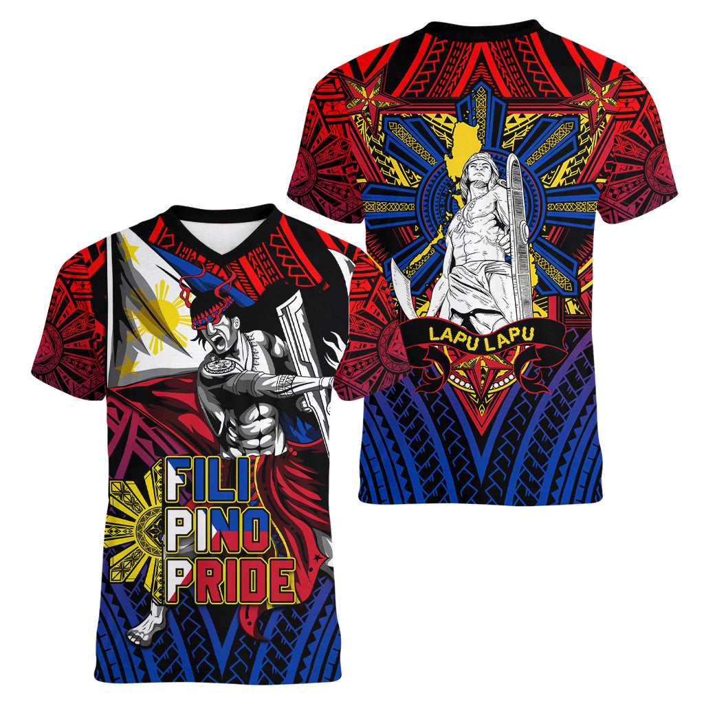 Filipinos Lapu-lapu Hero Women V Neck T Shirt Philippines Flag and Sun DT02 - Polynesian Pride