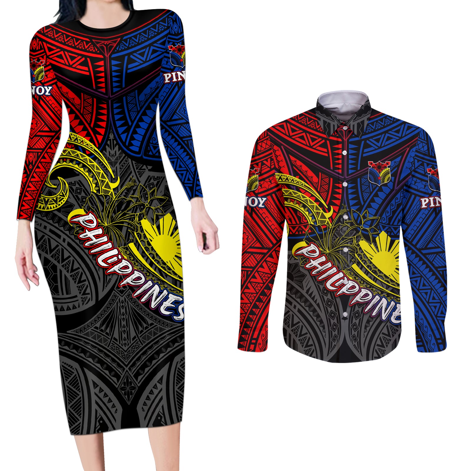 Philippines Half Sleeve Tattoo Couples Matching Long Sleeve Bodycon Dress and Long Sleeve Button Shirt Pinoy Filipinos Sun DT02 Art - Polynesian Pride