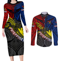 Philippines Half Sleeve Tattoo Couples Matching Long Sleeve Bodycon Dress and Long Sleeve Button Shirt Pinoy Filipinos Sun DT02 Art - Polynesian Pride