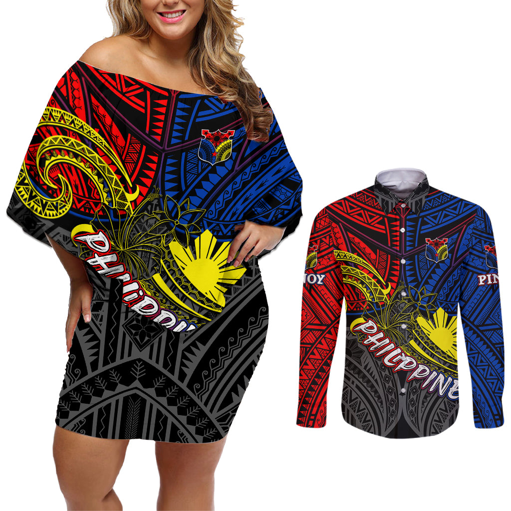 Philippines Half Sleeve Tattoo Couples Matching Off Shoulder Short Dress and Long Sleeve Button Shirt Pinoy Filipinos Sun DT02 Art - Polynesian Pride