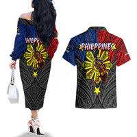 Philippines Half Sleeve Tattoo Couples Matching Off The Shoulder Long Sleeve Dress and Hawaiian Shirt Pinoy Filipinos Sun DT02 - Polynesian Pride
