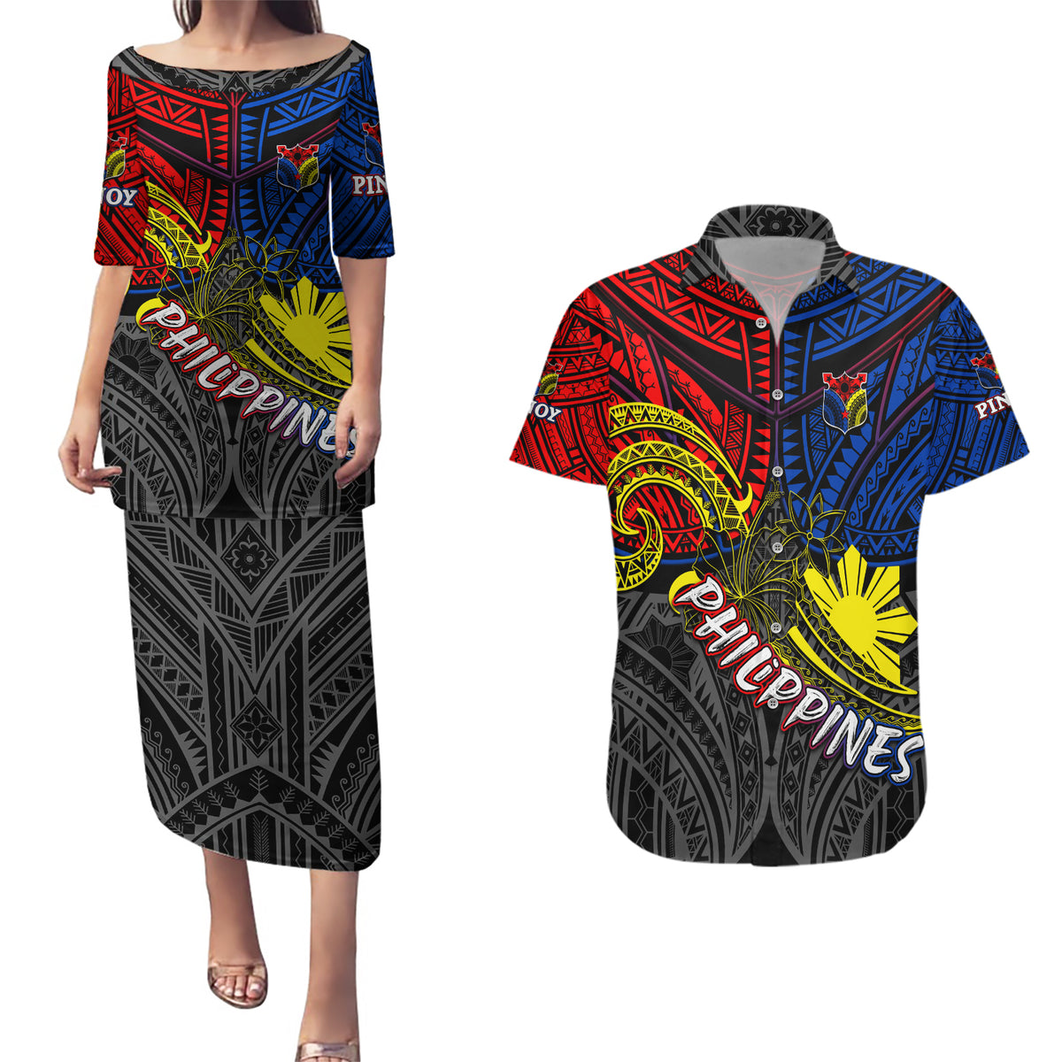 Philippines Half Sleeve Tattoo Couples Matching Puletasi Dress and Hawaiian Shirt Pinoy Filipinos Sun DT02 Art - Polynesian Pride