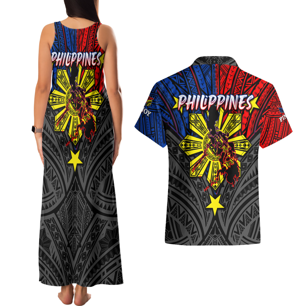 Philippines Half Sleeve Tattoo Couples Matching Tank Maxi Dress and Hawaiian Shirt Pinoy Filipinos Sun DT02 - Polynesian Pride