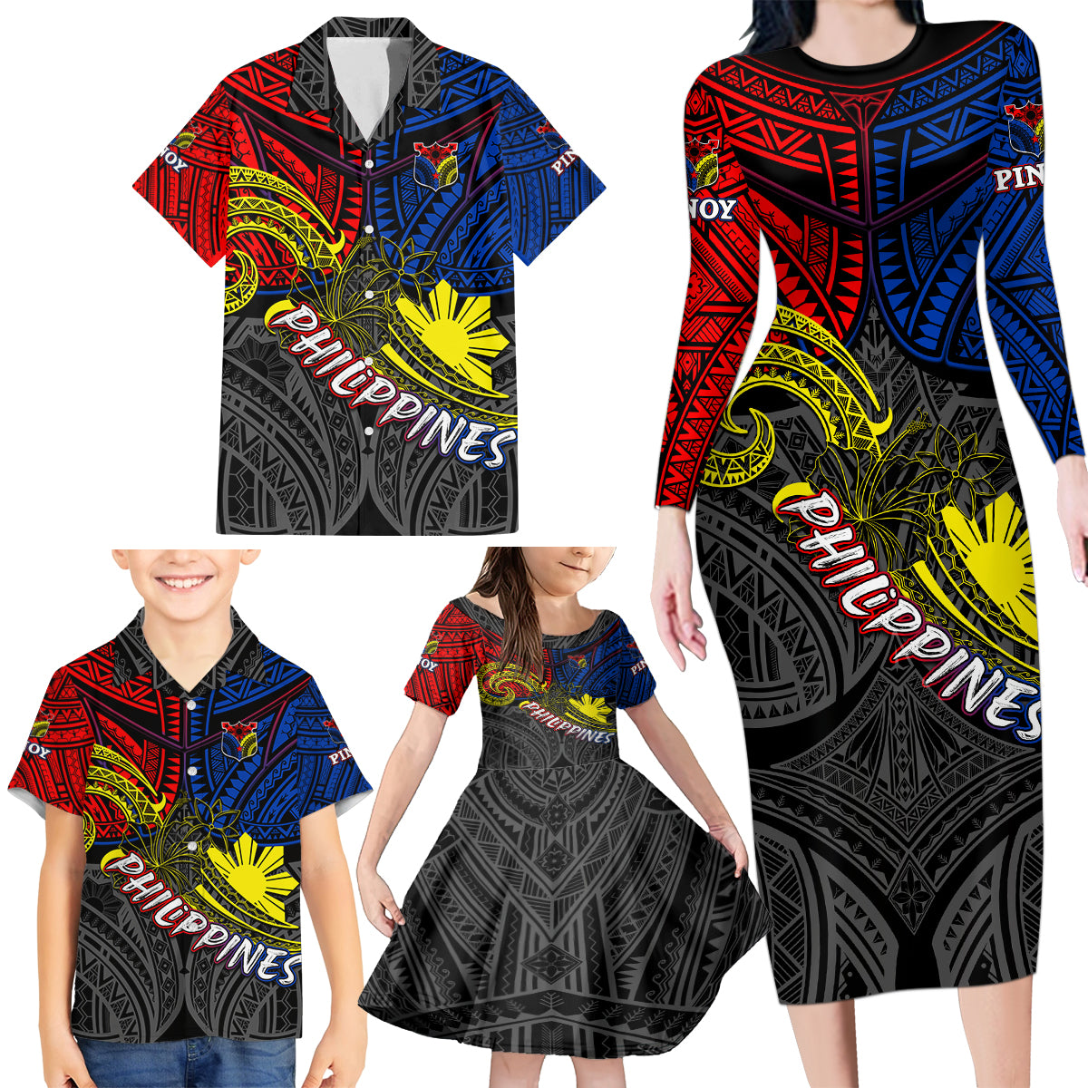 Philippines Half Sleeve Tattoo Family Matching Long Sleeve Bodycon Dress and Hawaiian Shirt Pinoy Filipinos Sun DT02 - Polynesian Pride