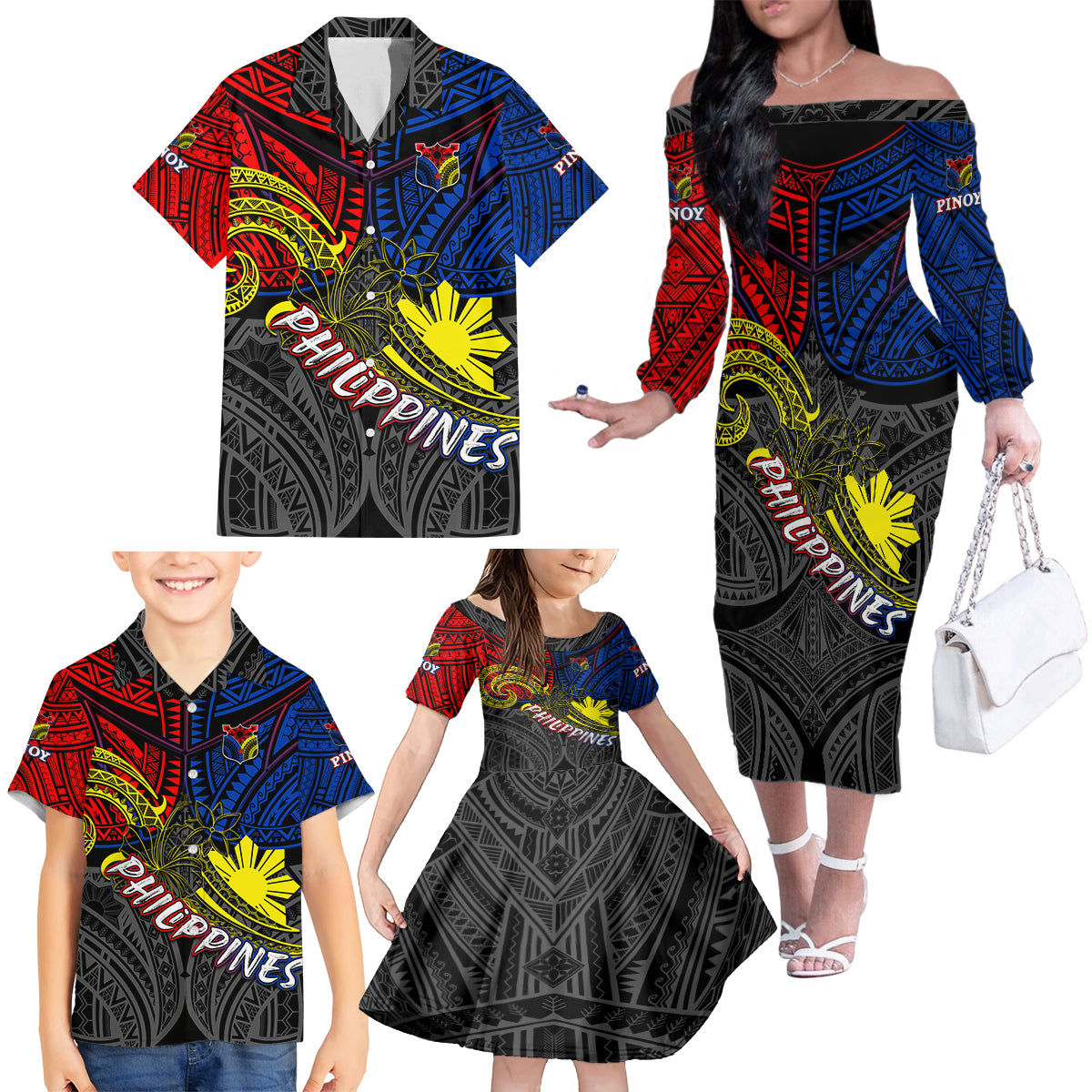 Philippines Half Sleeve Tattoo Family Matching Off Shoulder Long Sleeve Dress and Hawaiian Shirt Pinoy Filipinos Sun DT02 - Polynesian Pride