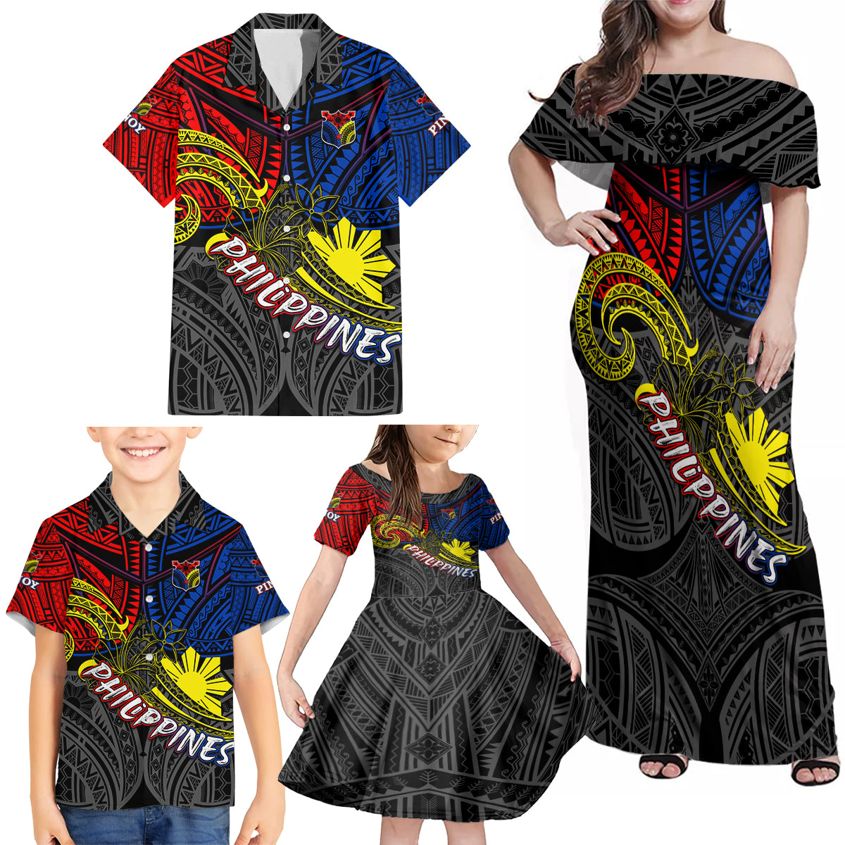 Philippines Half Sleeve Tattoo Family Matching Off Shoulder Maxi Dress and Hawaiian Shirt Pinoy Filipinos Sun DT02 - Polynesian Pride